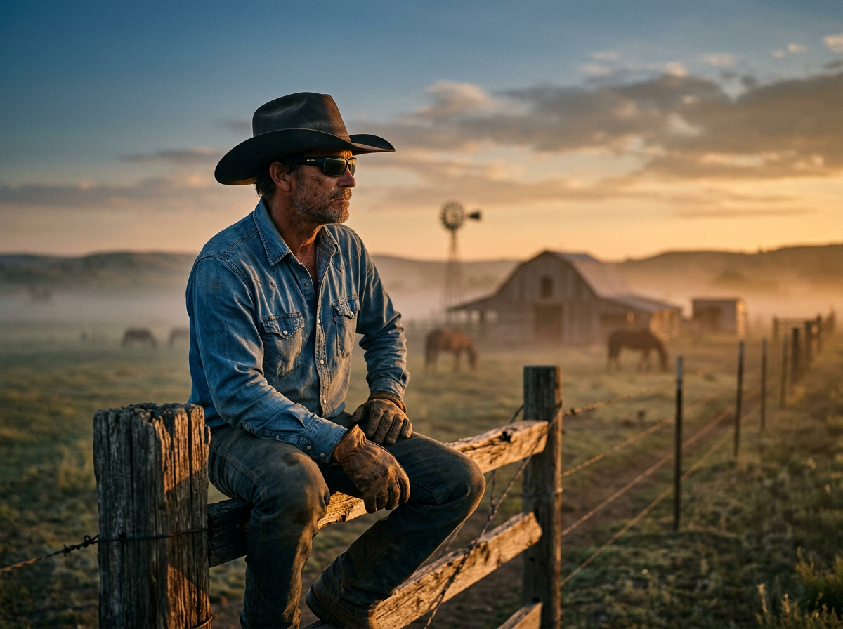 Cowboy on fence post at sunrise wearing BEX sunglasses