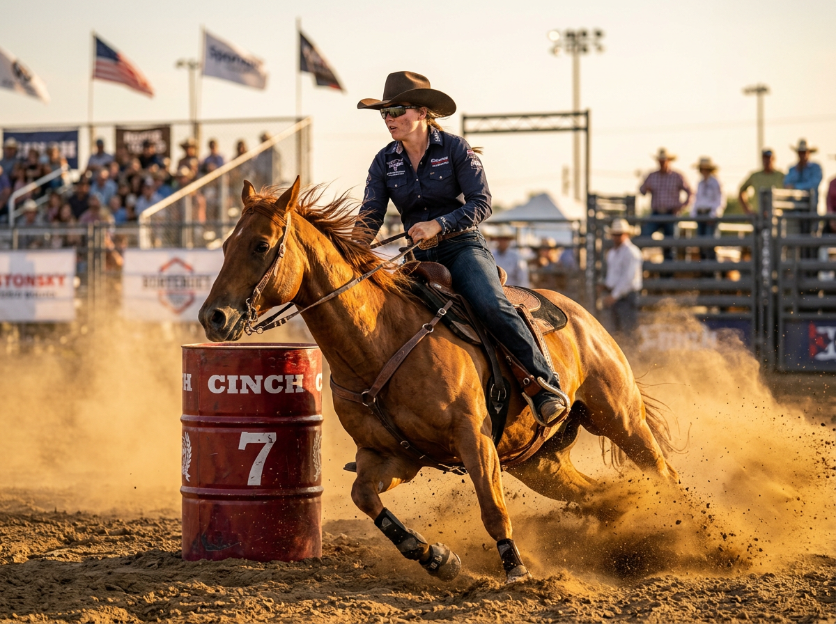 Woman barrel racer mid-turn on horseback in the arena